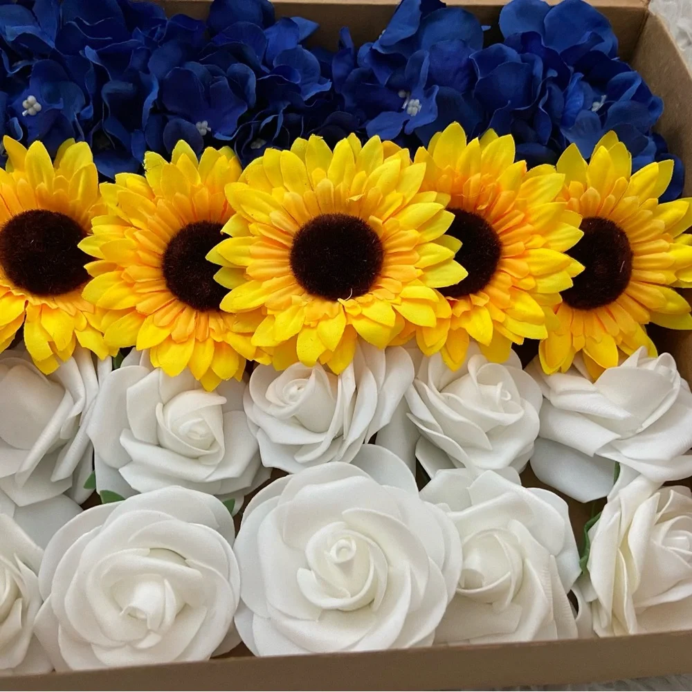 20 Count Blue Hydrangeas White Rose Sunflower Bouquet Centerpiece Wedding
